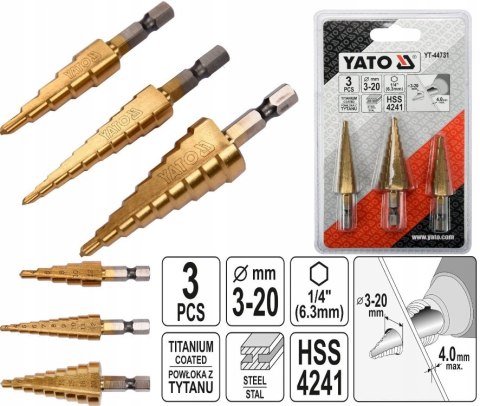 YATO ZESTAW WIERTEŁ STOPNIOWYCH 3 SZT STOŻKOWYCH