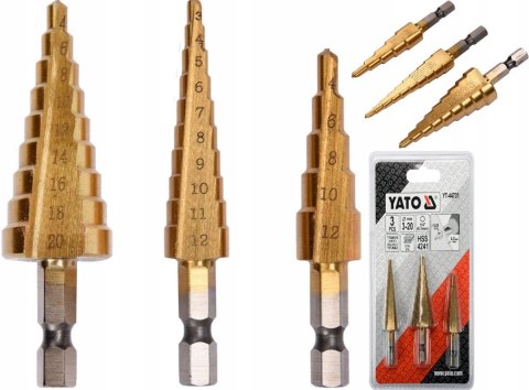 YATO ZESTAW WIERTEŁ STOPNIOWYCH 3 SZT STOŻKOWYCH
