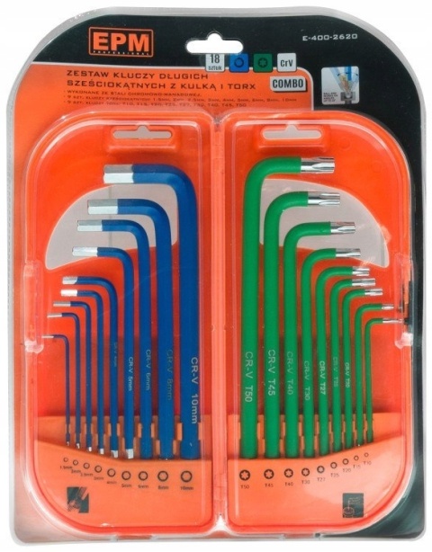 KLUCZE TRZPIENIOWE HEX I TORX DŁUGIE 18 SZT E-400-2620 EPM